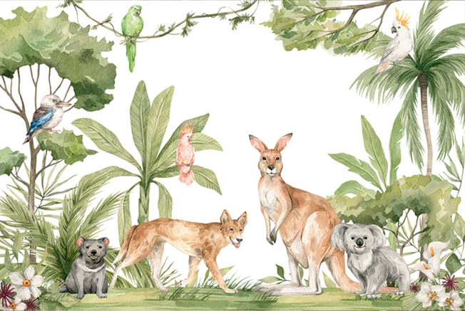 Papel pintado vinilo paisaje palmeras canguro koala